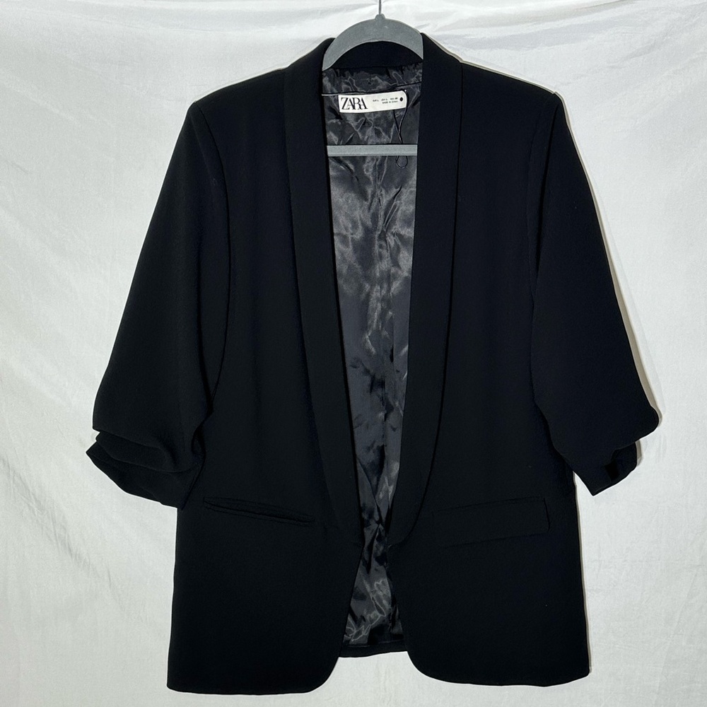 Zara Oversized Ruched Sleeve Open Front Black Blazer Size L